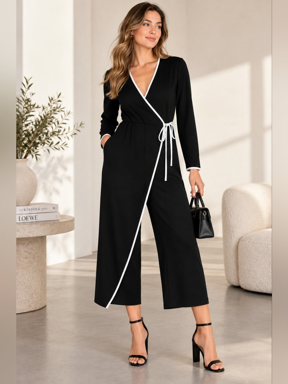 ASOS Black White Trim Wrap Wide Leg Jumpsuit NWT US 6